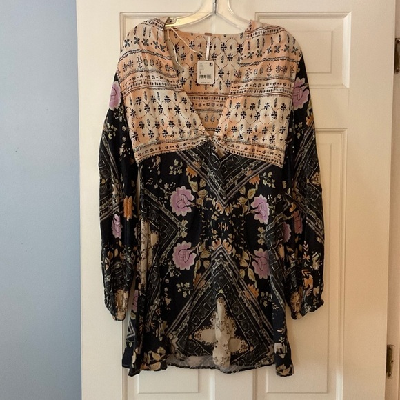 Free People Descanso Mini Dress Brown Floral Size S NWT Boho Hippie Peasant - Picture 5 of 12